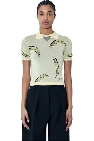 Jacquemus Tops, Dames, Geel, S, Polyester, Marine Gebreide Polo Shirt Logo Motif