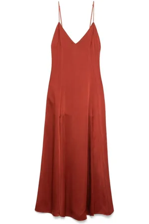 FORTE FORTE Kleedjes, Dames, Bruin, S, Terracotta Bruine Spaghetti Jurk met Splitjes
