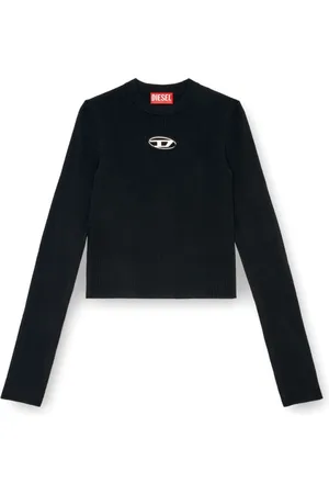 Diesel Tops, Dames, Zwart, S, Polyester, Geribbelde T-shirt met lange mouwen en ronde hals