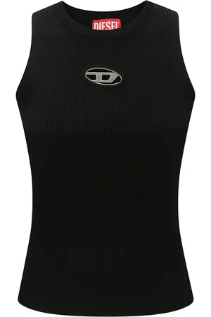 Diesel Tops, Dames, Zwart, M, Polyester, Mouwtjesloze Geribbelde Top met Metallic Logo