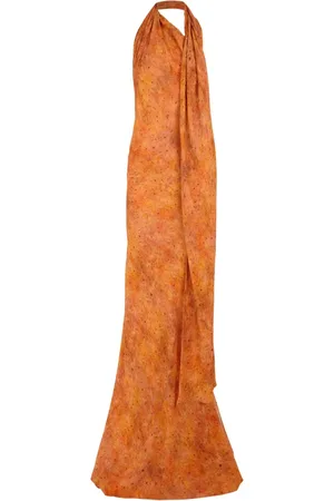 Cortana Kleedjes, Dames, Oranje, M, Sora Print Lange Zijden Jurk