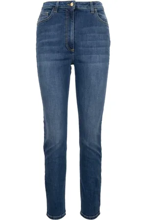 Elisabetta Franchi Jeans, Dames, Blauw, W26, Katoen, Dames Jeans met Rits en Knoop