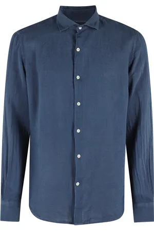 MC2 SAINT BARTH Overhemden, Heren, Blauw, M, Linnen, Blauw Linnen Overhemd Klassieke Kraag Lange Mouw Knoopsluiting
