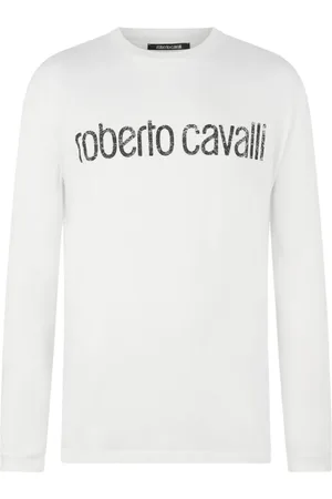 Roberto Cavalli Tops, Heren, Wit, M, Katoen, Lange mouwen T-shirt met logo