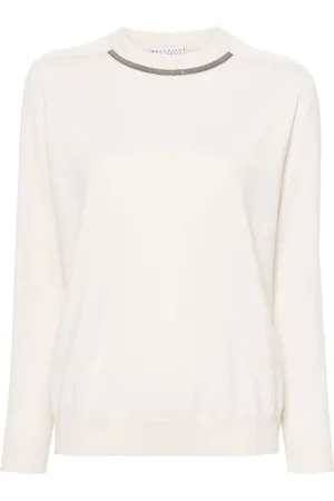 Brunello Cucinelli Truien, Dames, Wit, M, Kasjmier, Witte kasjmier trui met Monili detail