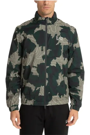 EA7 Jassen, Heren, Groen, M, Polyester, Camouflage Zip Jacket met Verborgen Capuchon