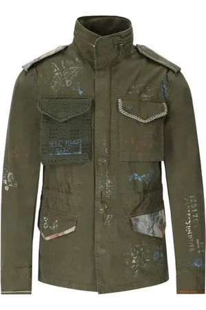 BOB der Bär Jassen, Heren, Groen, M, Katoen, Militair Groene Legerjas met Handgeschilderde Teksten