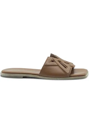 vic matiè Schoenen, Dames, Bruin, 37 EU, Leer, Vierkante open pantoffel leer met monogram