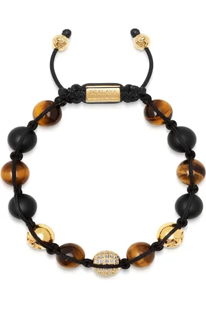 Nialaya Accessoires, Heren, Geel, XL, Nylon, Kralen Armband met Goud, CZ Diamant, Matte Onyx en Bruin Tijgeroog