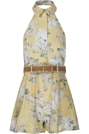 ZIMMERMANN Jumpsuits & Playsuits, Dames, Veelkleurig, M, Linnen, Gele Bloemen Halter Playsuit