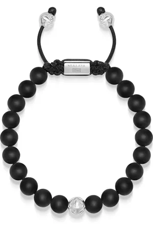 Nialaya Accessoires, Heren, Grijs, S, Nylon, Kralenarmband met Onyx en Sterling Zilveren Kralen
