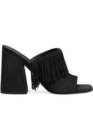Stuart Weitzman Schoenen, Dames, Zwart, 36 EU, Suède, Opvallende Slide Sandaal met Franjes