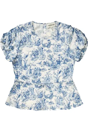 Munthe Blouses & Shirts, Dames, Blauw, M, Elegante Print Blouse met Gedrapeerde Details
