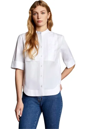 FAY Blouses & Shirts, Dames, Wit, M, Katoen, Kortarm overhemd met Koreaanse kraag