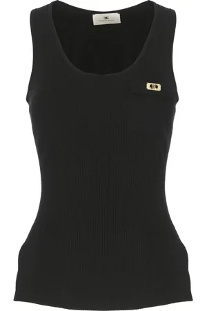 Elisabetta Franchi Tops, Dames, Zwart, L, Mouwloze Top met Wijde Hals