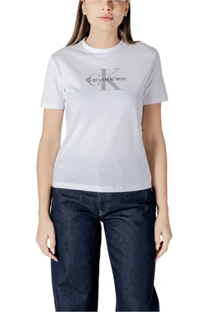 Calvin Klein Tops, Dames, Wit, L, Katoen, Wit Bedrukt T-shirt voor Vrouwen