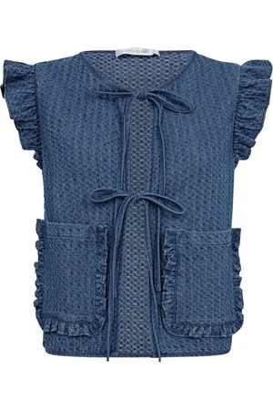 Co`Couture Jassen, Dames, Blauw, M, Denim, Denim Vest met Volantdetails