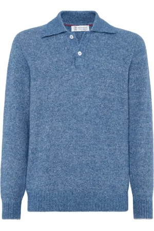 Brunello Cucinelli Truien, Heren, Blauw, L, Katoen, Blauw Gebreid Poloshirt