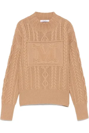 Max Mara Truien, Dames, Bruin, M, Camelbruine Intarsia-gebreide Logo Trui