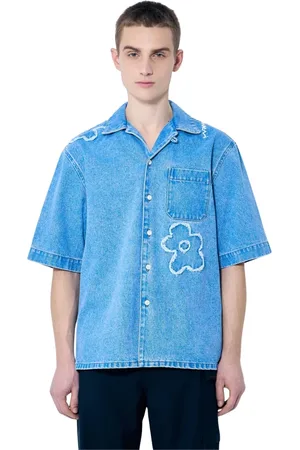 Marni Overhemden, Heren, Blauw, L, Denim, Floral Denim Shirt