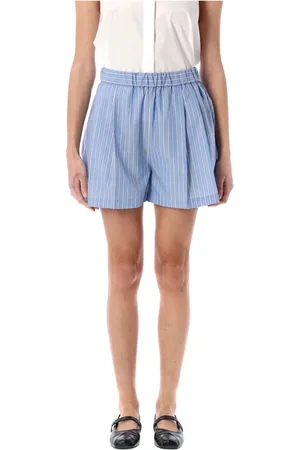 Marni Korte broeken, Dames, Blauw, S, Katoen, Blauw Gestreepte Geplooide Shorts