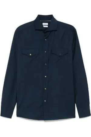 Brunello Cucinelli Overhemden, Heren, Blauw, XL, Katoen, Marineblauw Lange Mouwen Overhemd met Knoopsluiting