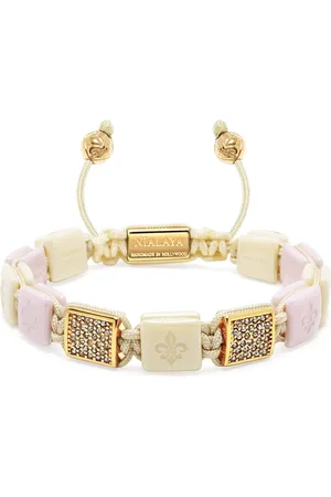 Nialaya Accessoires, Dames, Geel, XS, Nylon, Crème & Zachtroze Keramische Flatbead Armband met Gouden CZ