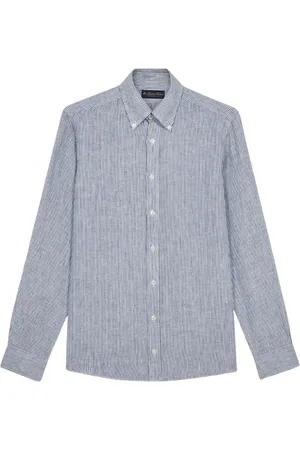Brooks Brothers Overhemden, Heren, Blauw, 2Xl, Linnen, Navy gestreept linnen casual overhemd
