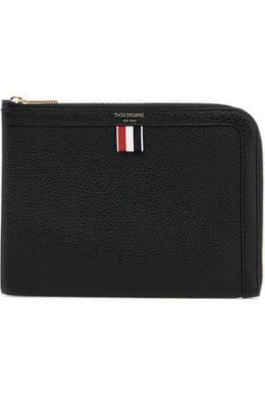Thom Browne Tassen, Heren, Zwart, ONE Size, Leer, Leren Pouch met Tricolore Lint