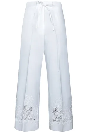 P.A.R.O.S.H. Broeken, Dames, Wit, S, Katoen, Witte katoenen broek met wijde pijpen en bloemenborduursels