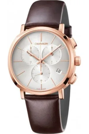 Calvin Klein Accessoires, Dames, Bruin, ONE Size, Leer, Elegant Quartz Horloge met Bruine Leren Band