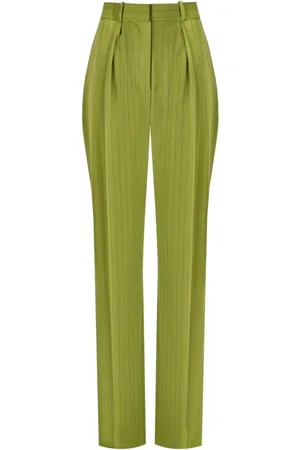 Elisabetta Franchi Broeken, Dames, Groen, L, Leer, Olijfgroene Pinstripe Broek met Hoge Taille