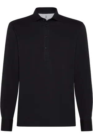Brunello Cucinelli Tops, Heren, Zwart, M, Katoen, Polo Shirt met Lange Mouwen van Katoen
