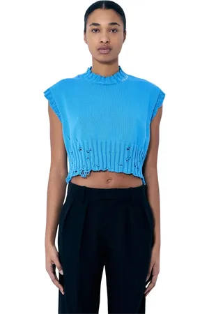 Marni Truien, Dames, Blauw, XS, Katoen, Distressed Gebreid Vest met Logo Borduursel