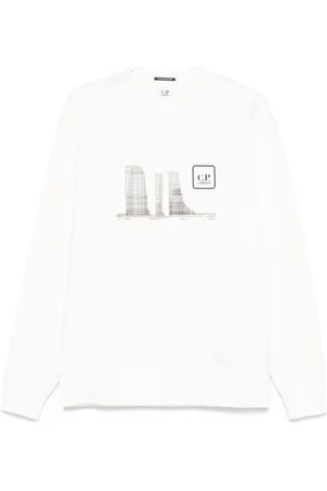 C.P. Company Sweatshirts & Hoodies, Heren, Wit, M, Katoen, Witte Sweater met Ribgebreide Ronde Hals en Lange Mouwen
