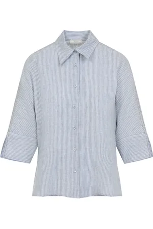 PESERICO SIGN Blouses & Shirts, Dames, Blauw, L, Linnen, Blauwe Linnen Overhemd Veelzijdige Stijl
