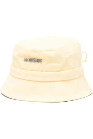 Jacquemus Accessoires, unisex, Wit, 58 CM, Katoen, Gele Katoenen Banddetail Platte Rand Hoed