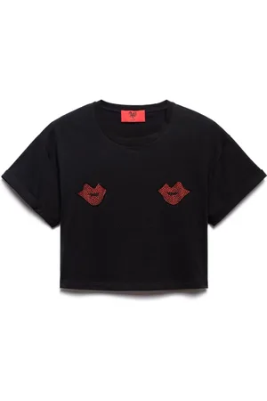 ANIYE BY Tops, Dames, Zwart, 2Xs, Katoen, Zwarte Kiss Cropped T-shirt met Strass