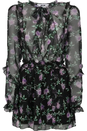 Msgm Kleedjes, Dames, Zwart, S, Polyester, Bloemenprint Mini Jurk met Ruches
