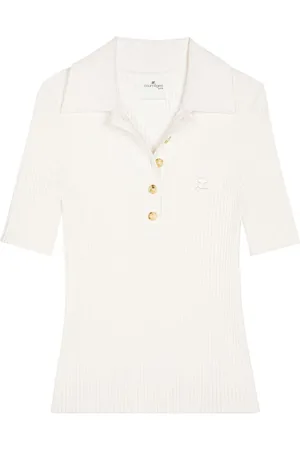 Courrèges Tops, Dames, Wit, S, Polyester, Geribbelde Geborduurde Poloshirt