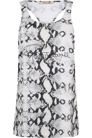 Roberto Cavalli Tops, Dames, Wit, XS, Katoen, Racerback Tanktop met Python-Effect Print