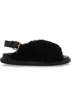 Marni Schoenen, Dames, Zwart, 37 1/2 EU, Leer, Fur Slippers