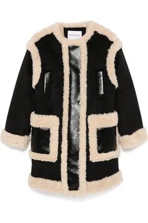 Stand Studio Jassen, Dames, Zwart, M, Polyester, Zwarte Faux Sheepskin Jas