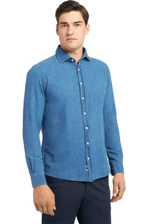 Brooks Brothers Overhemden, Heren, Blauw, L, Katoen, Slim Fit Katoen-Linnen Chambray Overhemd met gespreide kraag