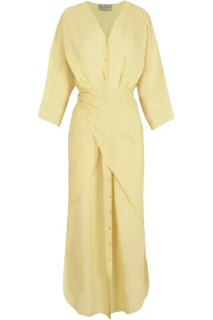 Cortana Kleedjes, Dames, Geel, 2Xl, Lichtgele Ramie Midi Jurk