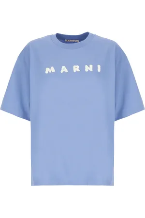 Marni Tops, Dames, Blauw, XS, Katoen, Katoenen T-shirt met Gekrabbeld Logo