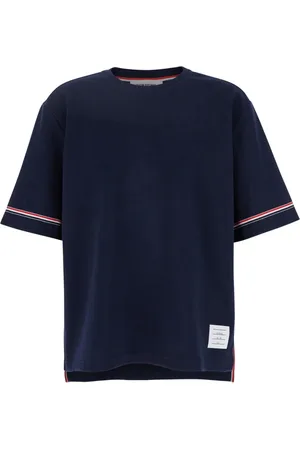 Thom Browne Tops, Heren, Blauw, XS, Katoen, Blauw T-shirt met ronde hals en RWB-details