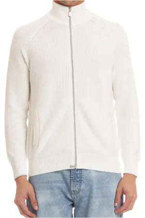 Brunello Cucinelli Truien, Heren, Wit, M, Katoen, Witte Geribbelde Katoenen Cardigan met Volledige Rits