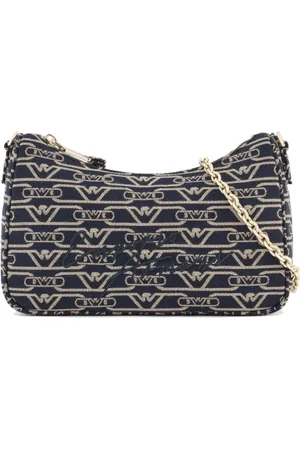 Emporio Armani Tassen, Dames, Veelkleurig, ONE Size, Katoen, Blauwe Canvas Jacquard Mini Baguette Schoudertas met Monogram en Logo Borduurwerk