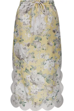 ZIMMERMANN Rokken, Dames, Veelkleurig, M, Linnen, Bloemen Midi Rok met Golven